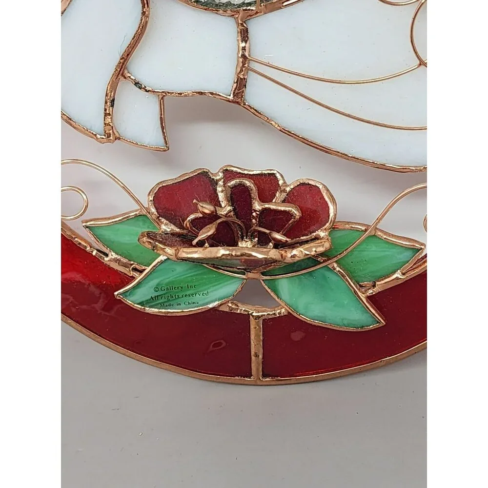 Vintage Christmas/Holiday Round 3-D Stained Glass Trumpeting‎ Angel With Rose